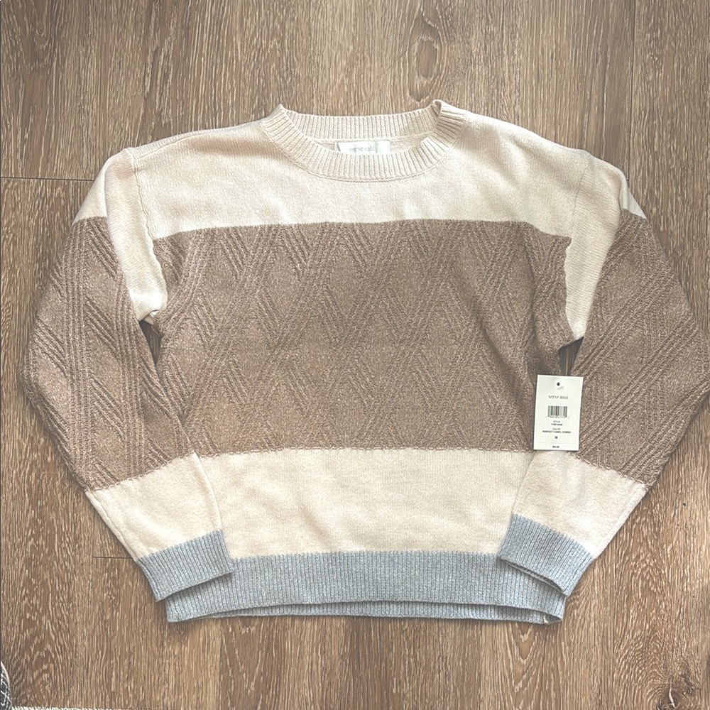 New! Verve ami cream/tan/gray colorblock crew neck sweater, Medium